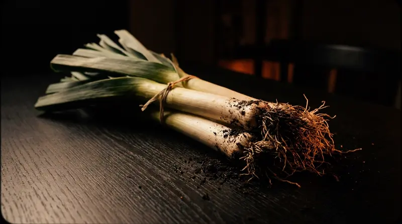 A bundle of leeks with soil still on the roots