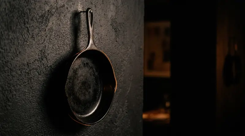 A blackened cast-iron pan hanging on a dark wall