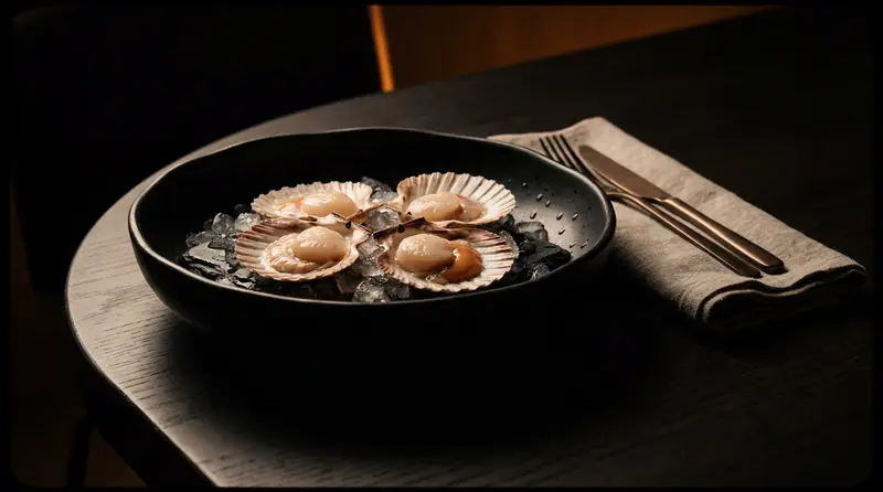 Scallops in the shell on crushed ice
