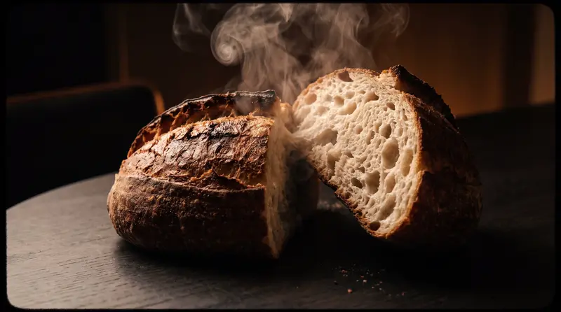 A sourdough loaf torn open, steam rising